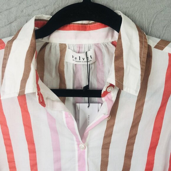 Velvet by Graham & Spencer Shirt Womens XS White Pink Brown Striped Button Front - Picture 8 of 16